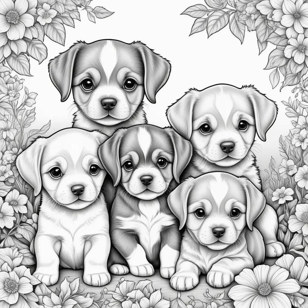 collection of black and white coloring pages featuring cute puppies