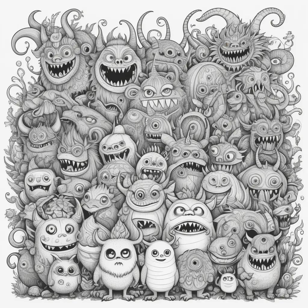 collection of black and white coloring pages featuring monsters