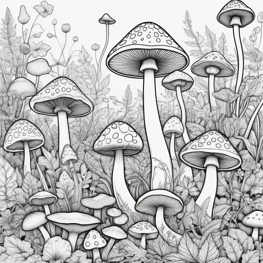 collection of black and white coloring pages featuring mushrooms