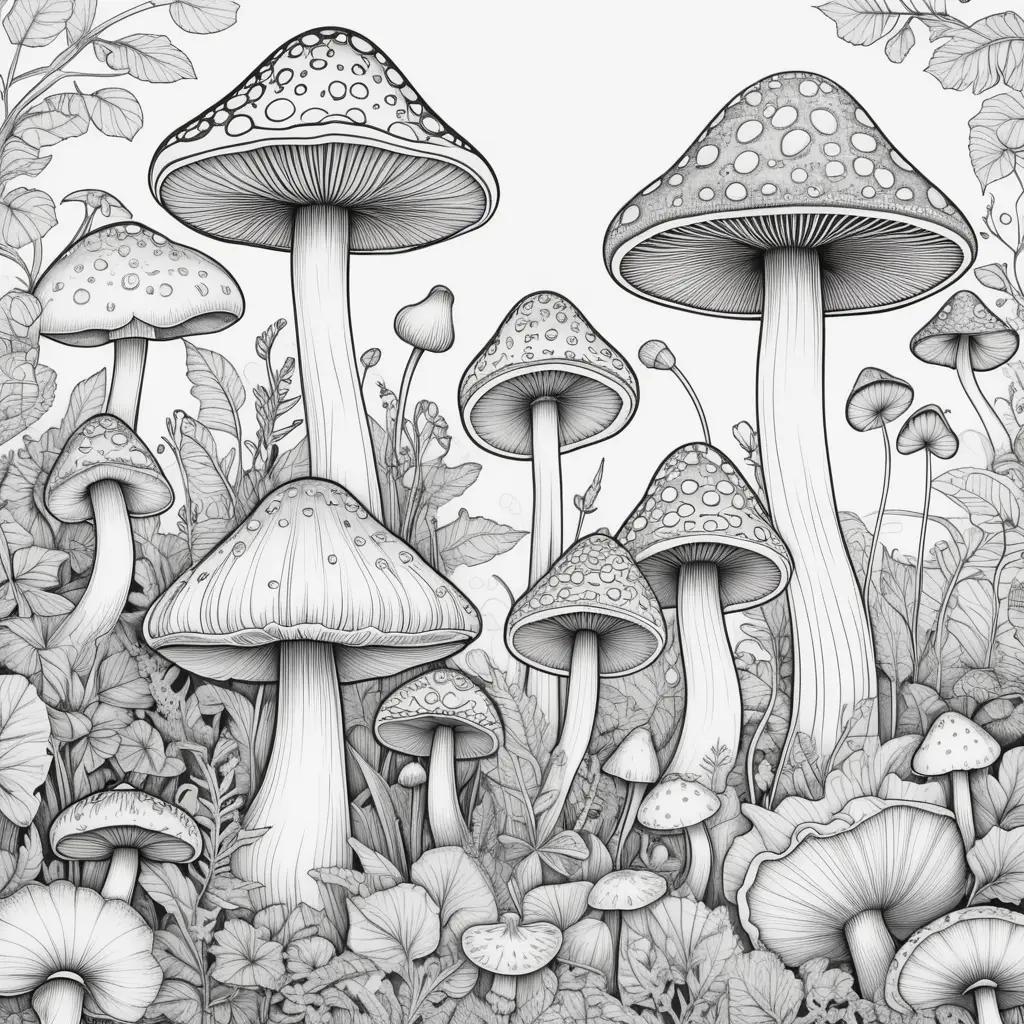 collection of black and white coloring pages featuring various mushrooms