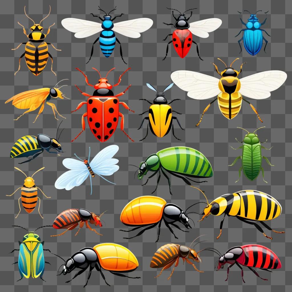 collection of bugs in colorful shapes and colors