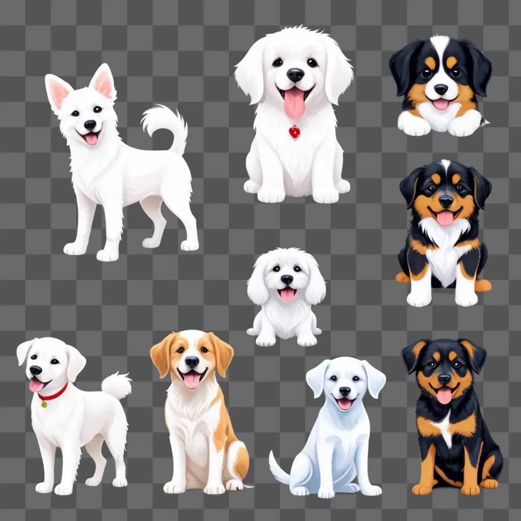 collection of canine clipart, including a white dog, a black dog, and a brown dog