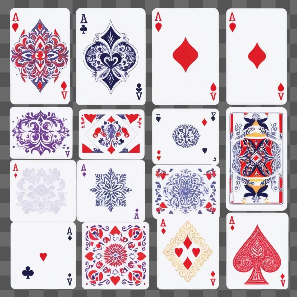 collection of cards featuring red and blue designs