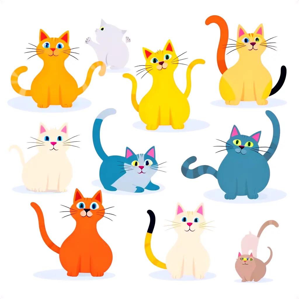 collection of cartoon cats with various colors and poses