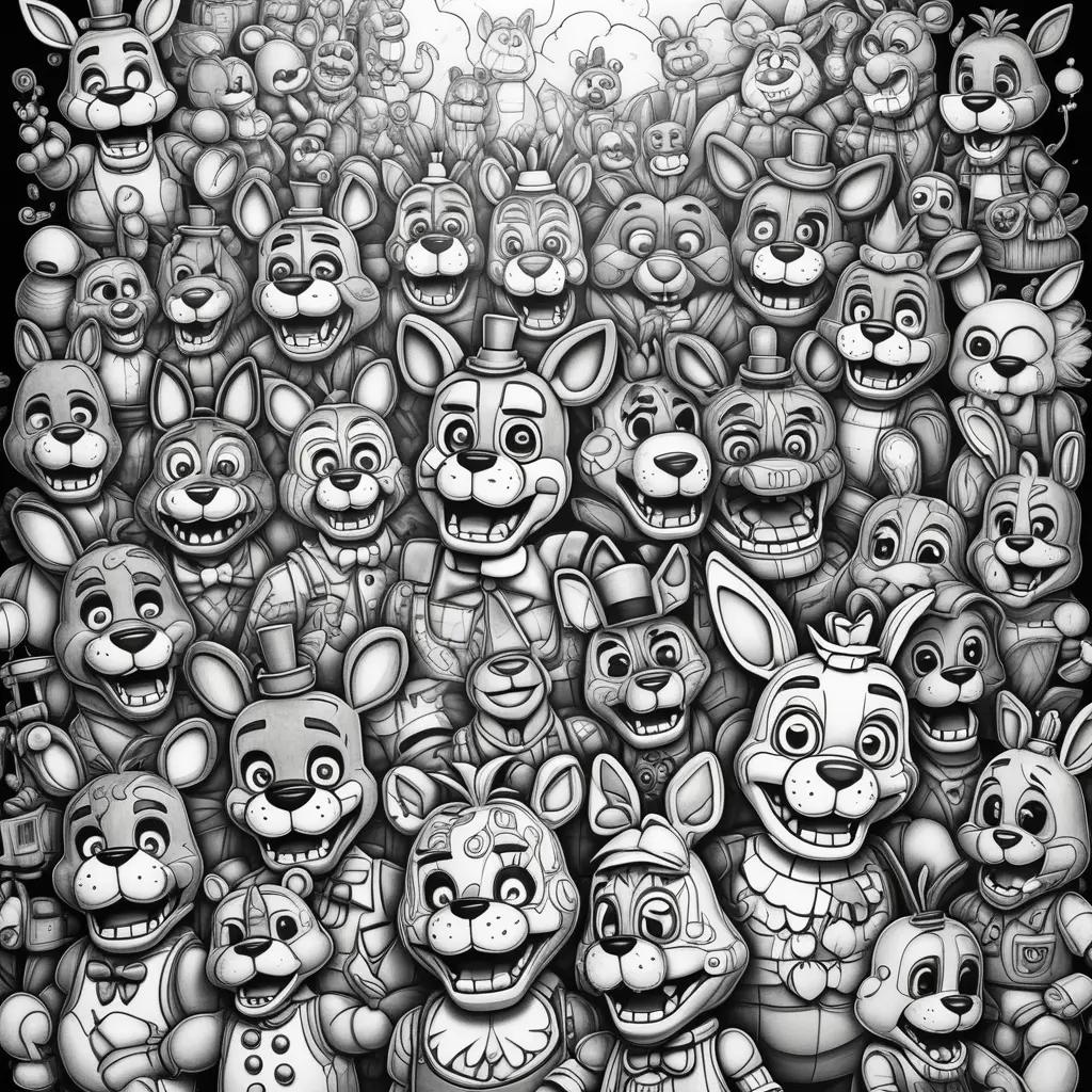 collection of cartoon characters from the Five Nights at Freddys color page