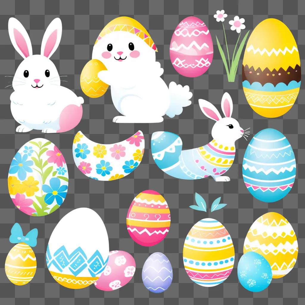 collection of colorful Easter eggs and bunnies