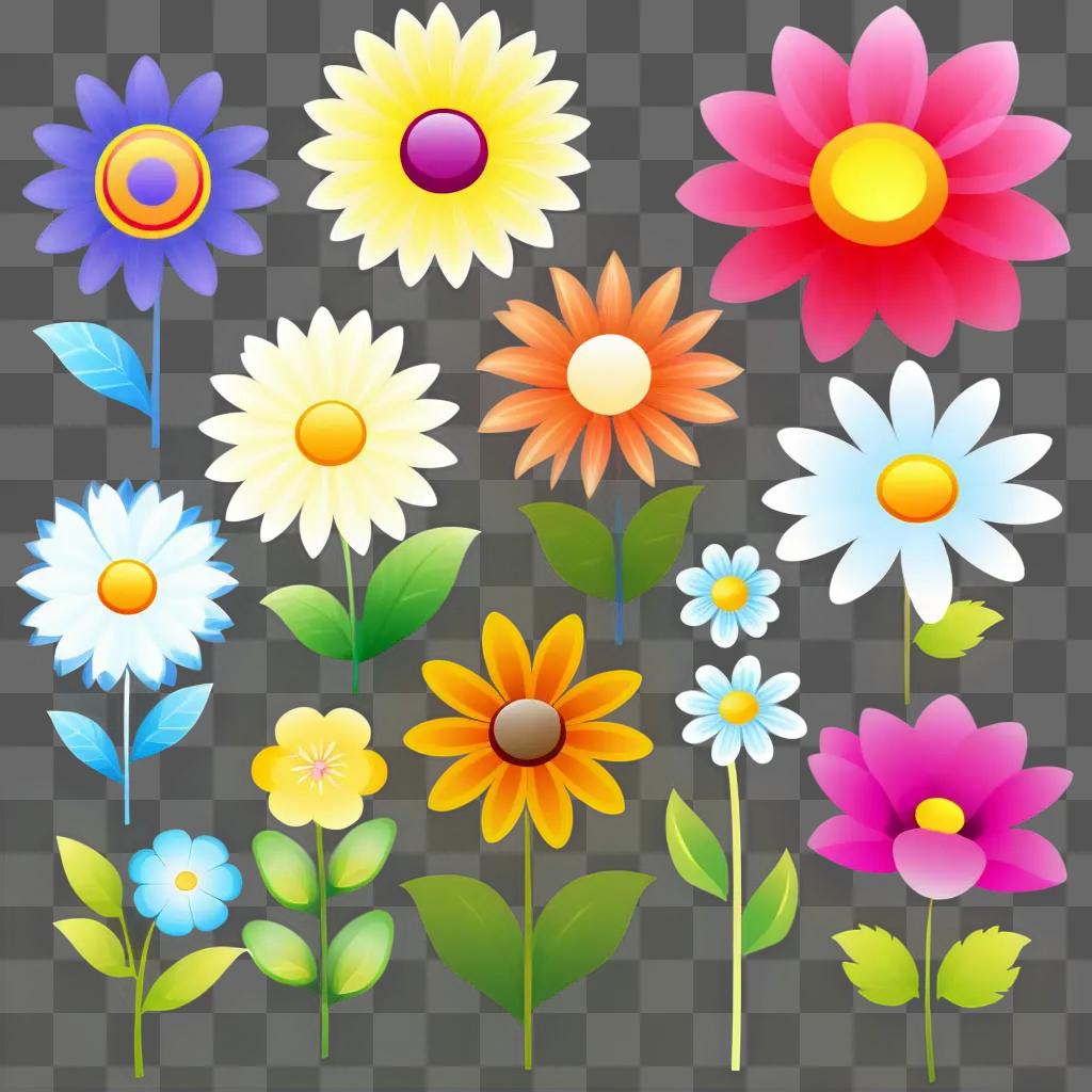 collection of colorful clipart flowers on a blurred background