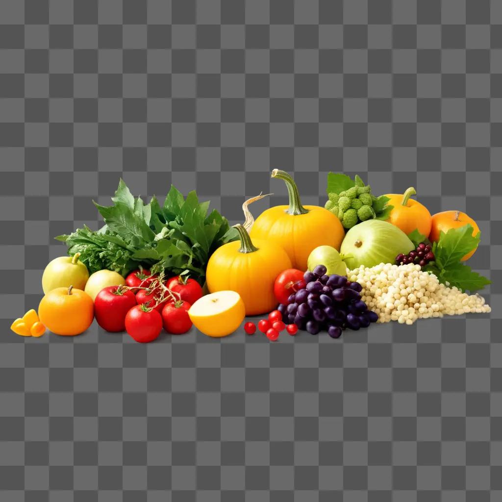 collection of colorful fruits and vegetables on a brown background