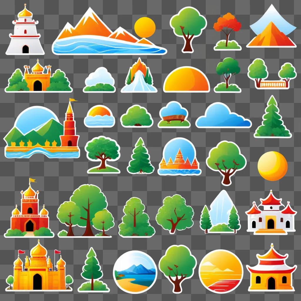 collection of colorful images featuring buildings and trees