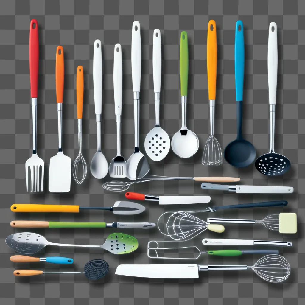 collection of colorful kitchen utensils laid out on a table