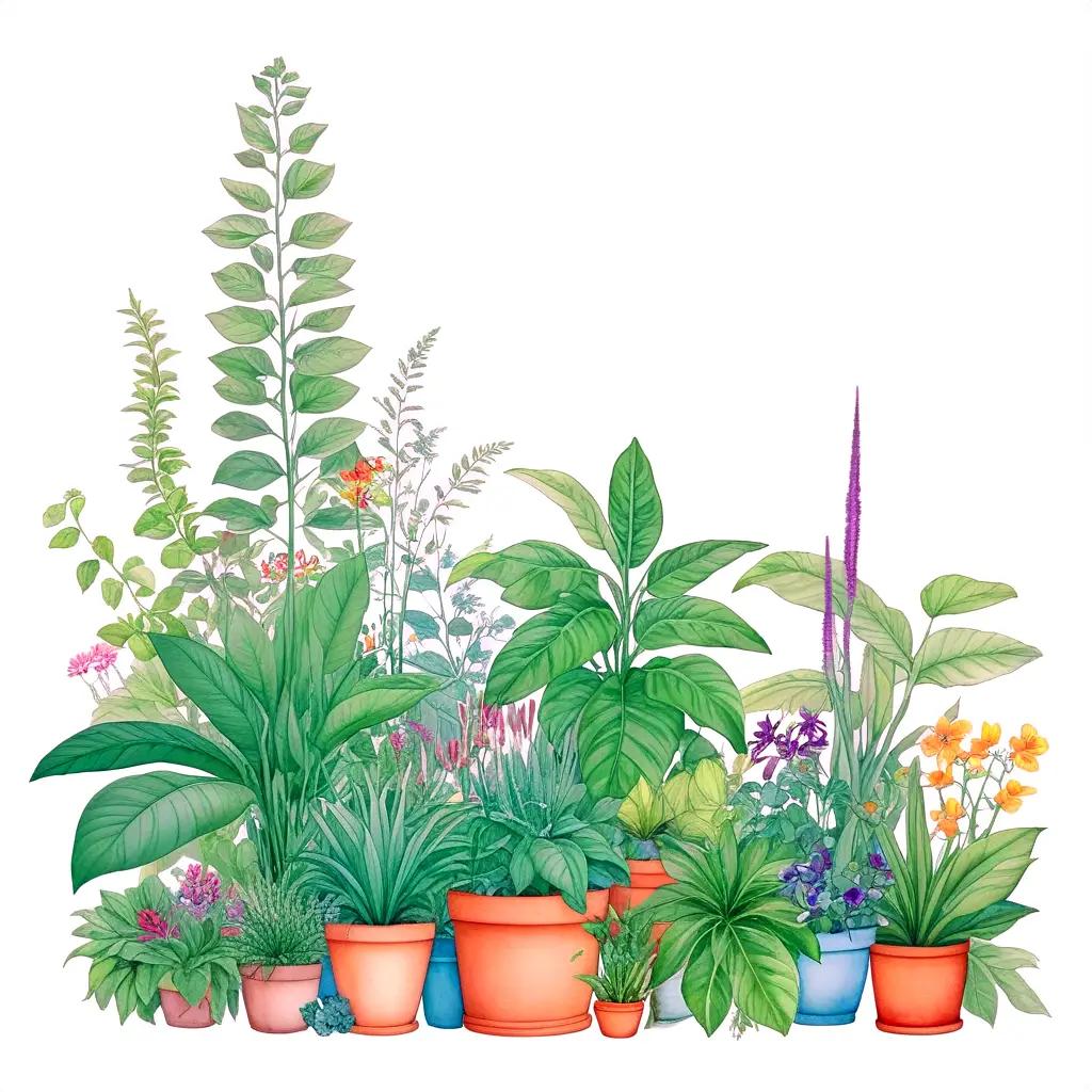 collection of colorful plants in pots