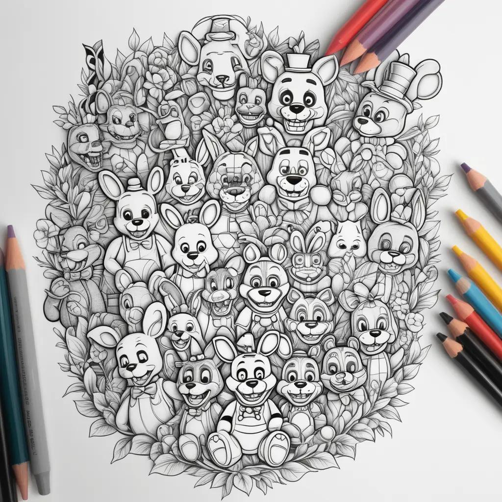 collection of coloring pages featuring all the characters from Five Nights at Freddys