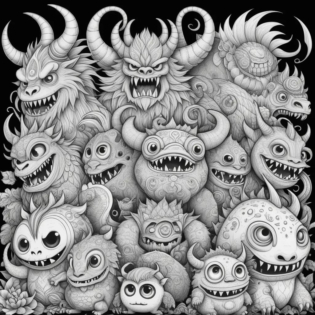 collection of coloring pages featuring various monsters