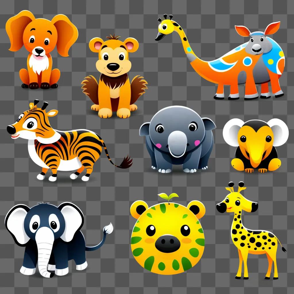 collection of cute animal clipart on a beige background