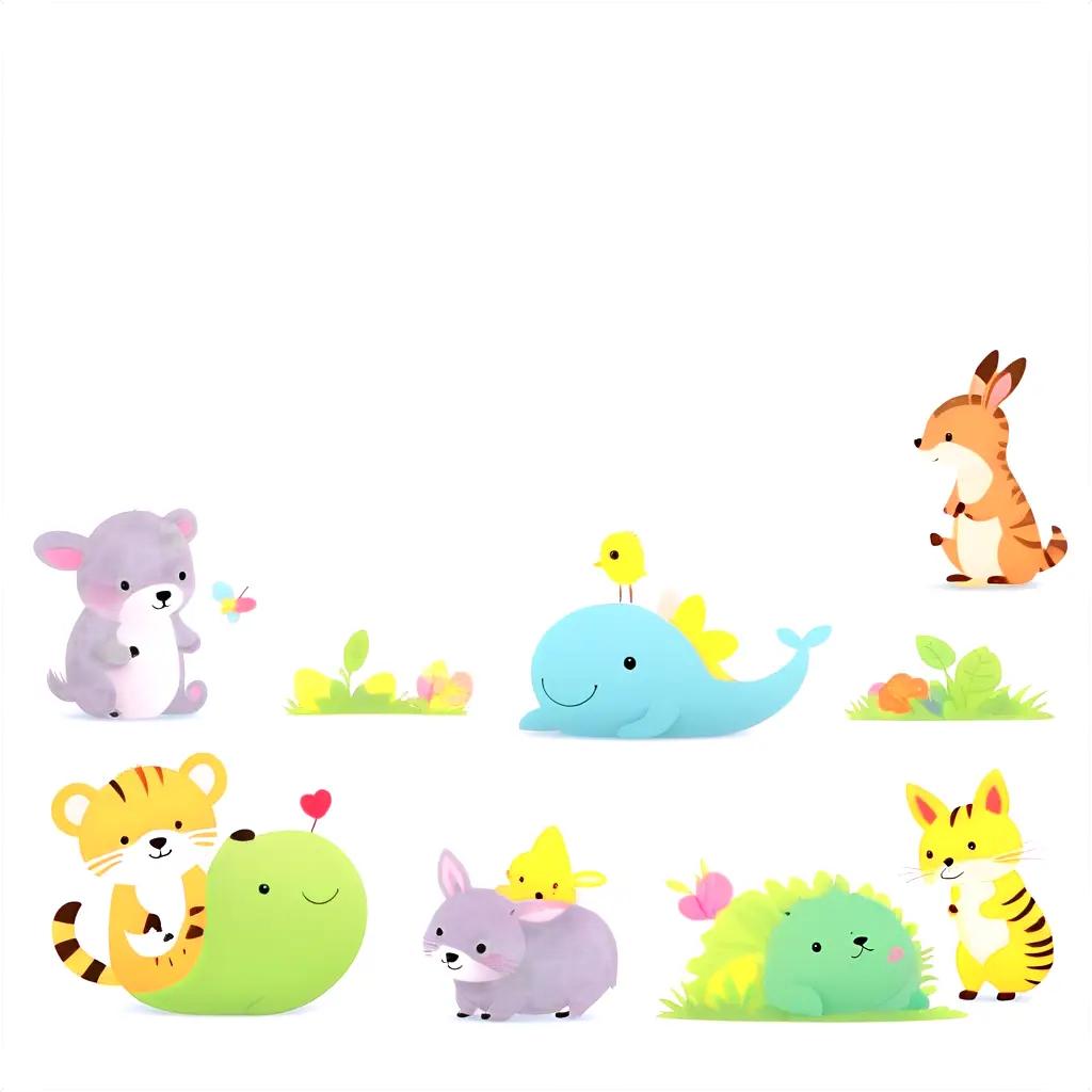 collection of cute animals and plants