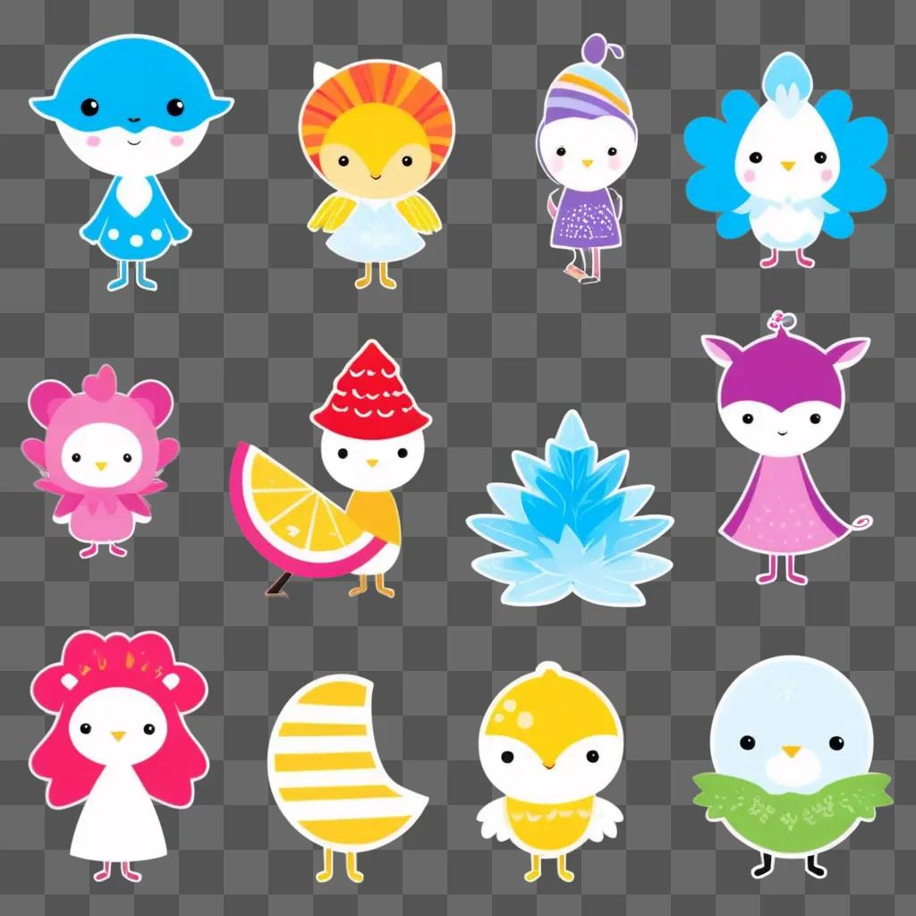 collection of cute cartoon characters in a colorful background