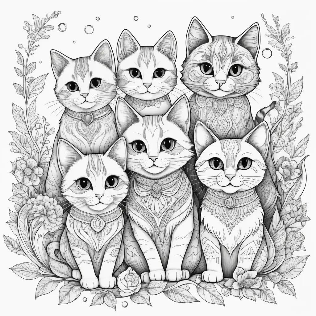 collection of cute cats in black and white coloring pages