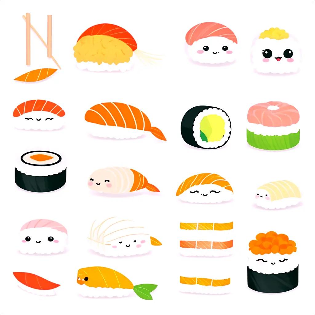 collection of cute sushi drawings on a white background