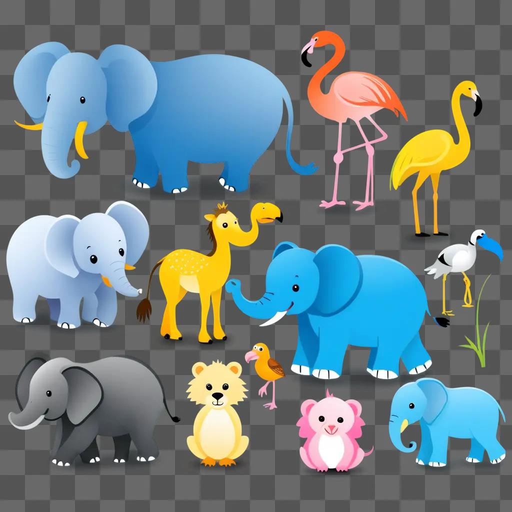 collection of cute zoo animals in various colors