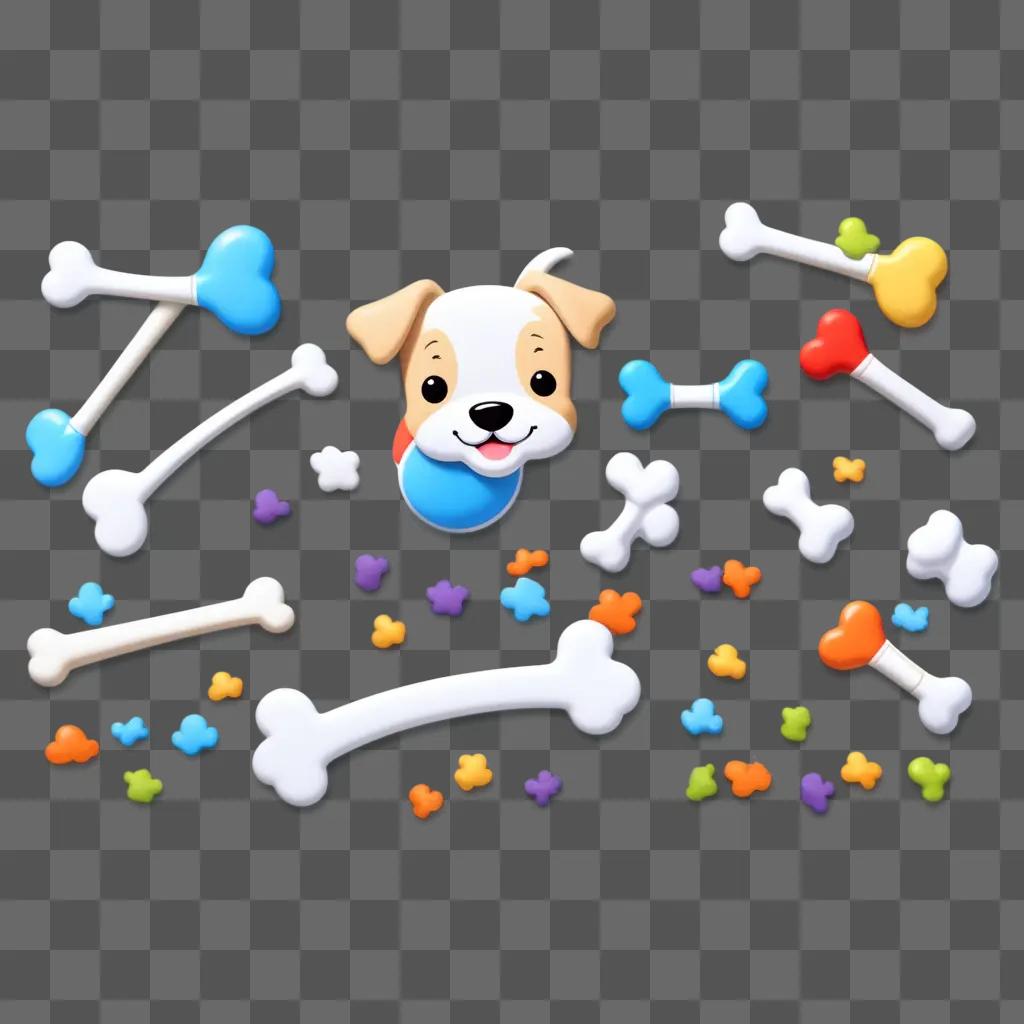 collection of dog bones and dog clipart on a grey background