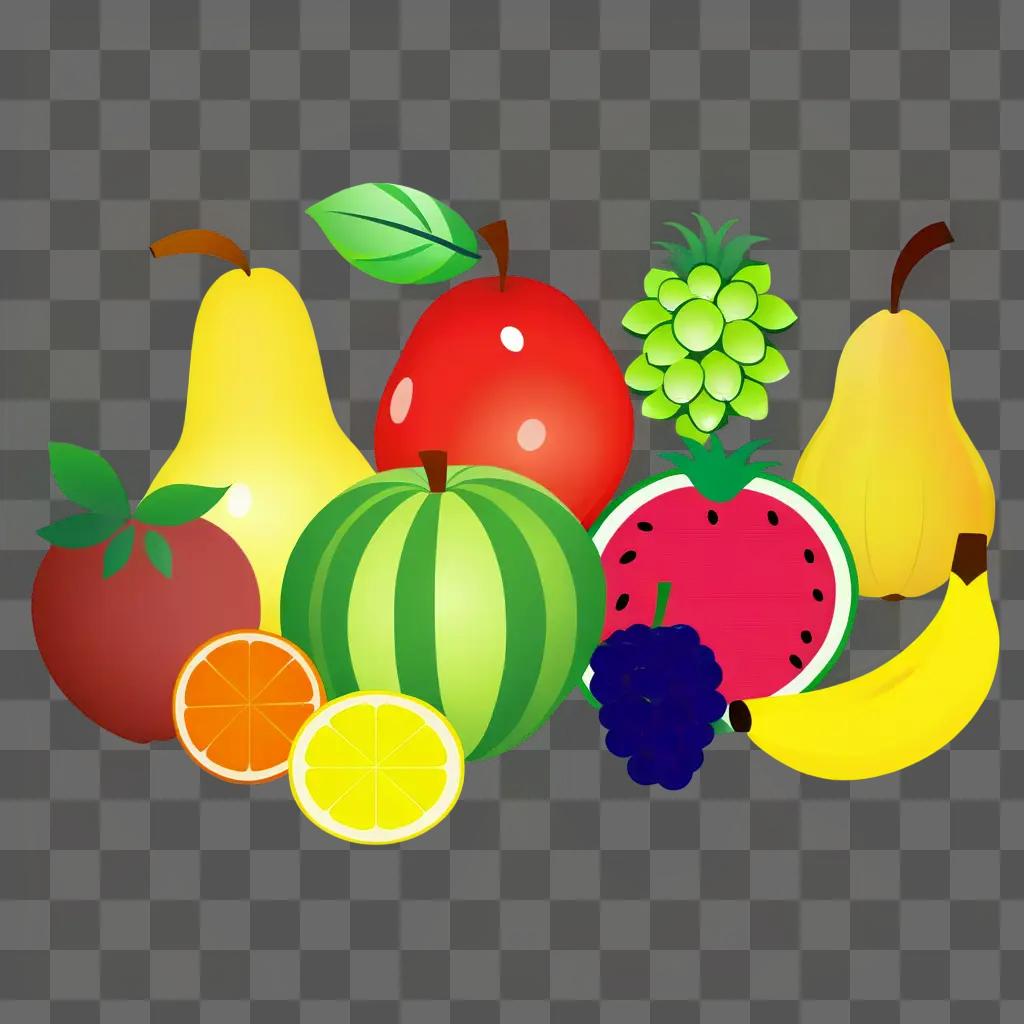 collection of fruits and veggies on a yellow background