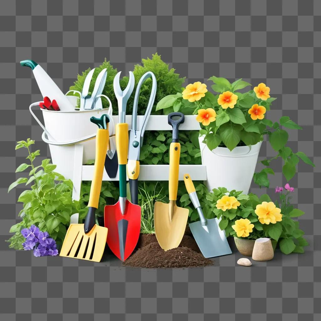 collection of garden tools sits in a pot of flowers