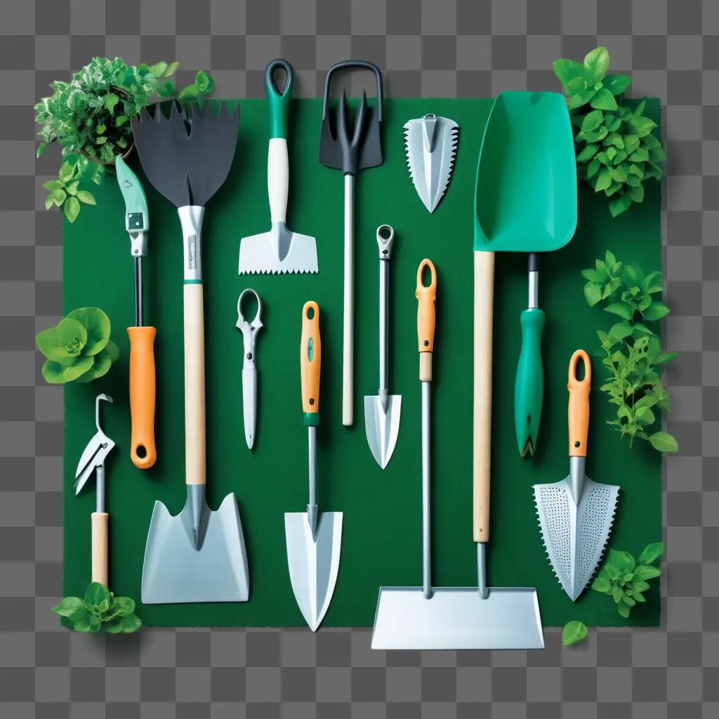 collection of garden tools with green handles