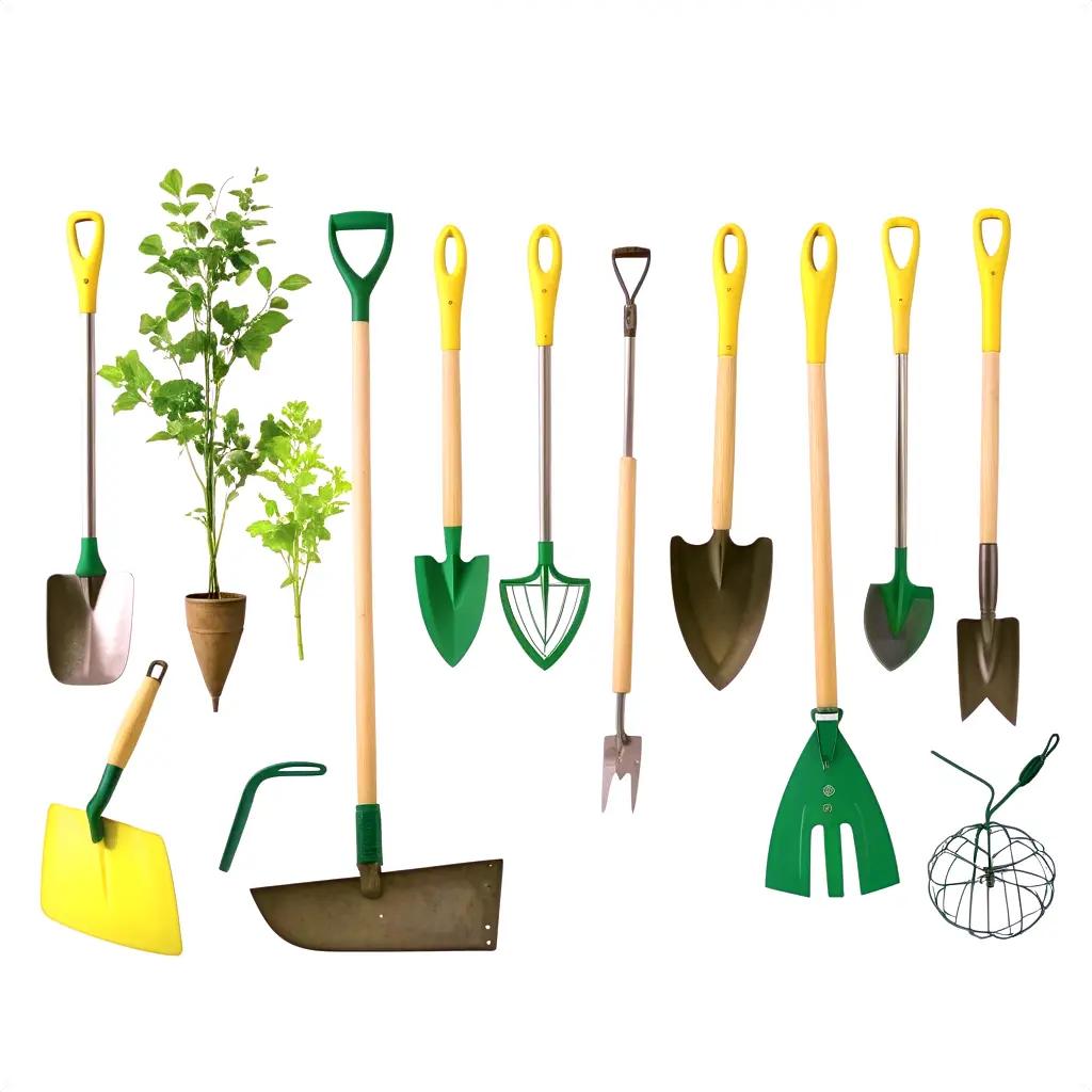 collection of garden tools with green handles