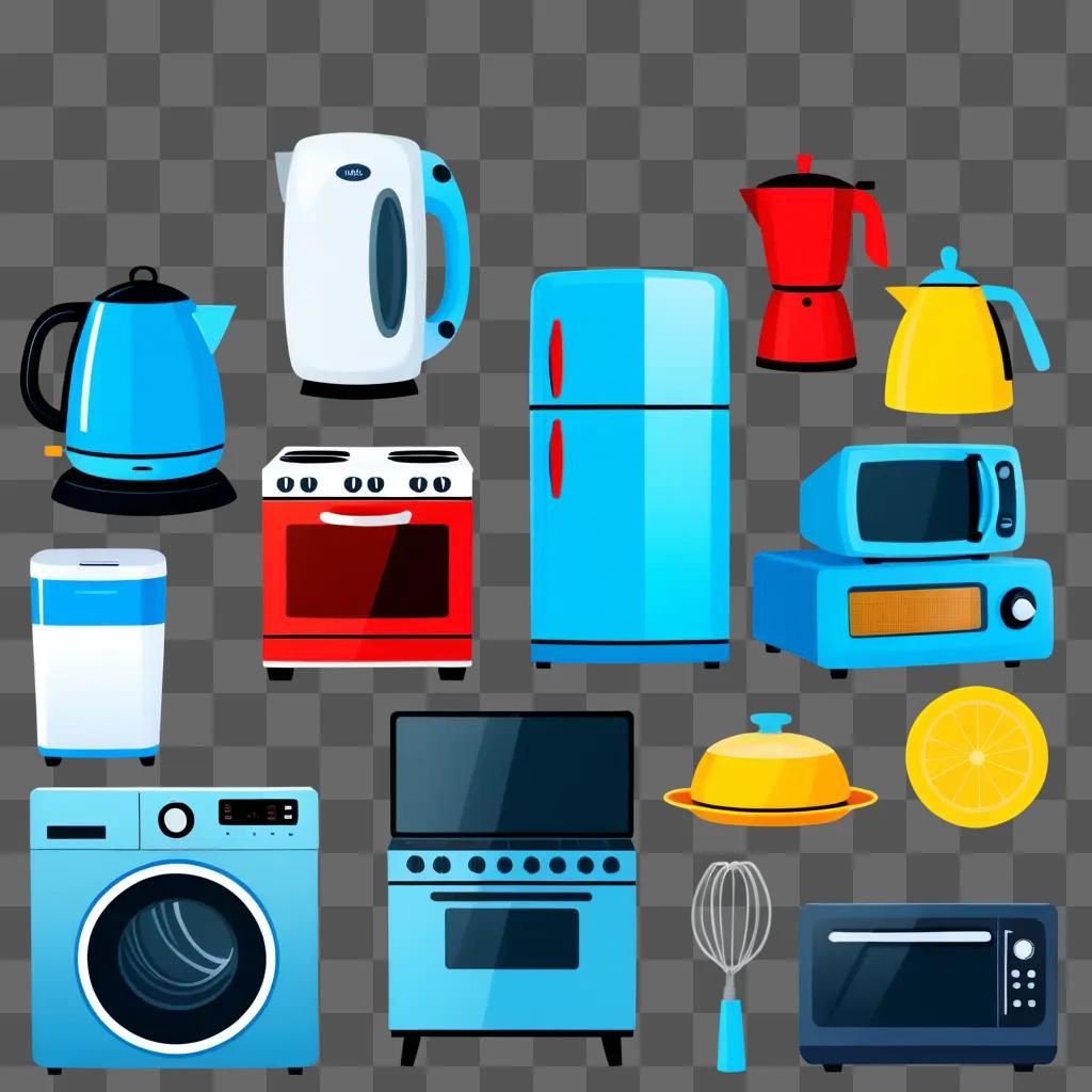 collection of household clipart, including a kettle and a toaster