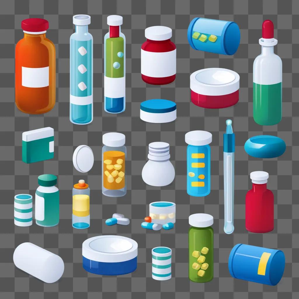 collection of medicine bottles and vials in a pharmacy clipart