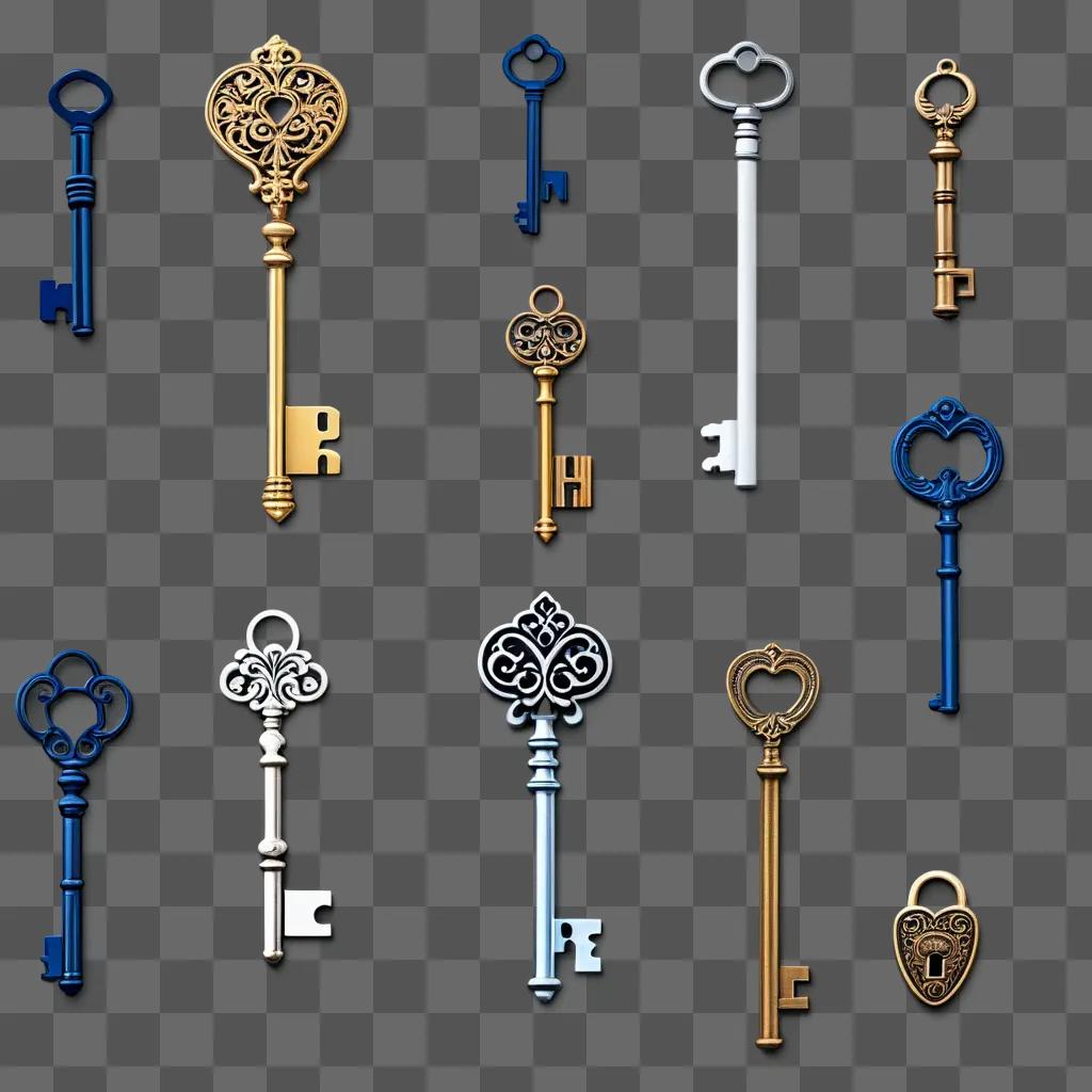 collection of ornate key clipart on a grey background