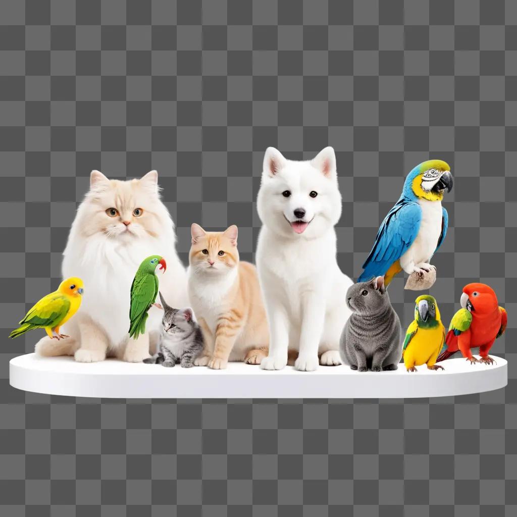 collection of pets with bright colors and birds