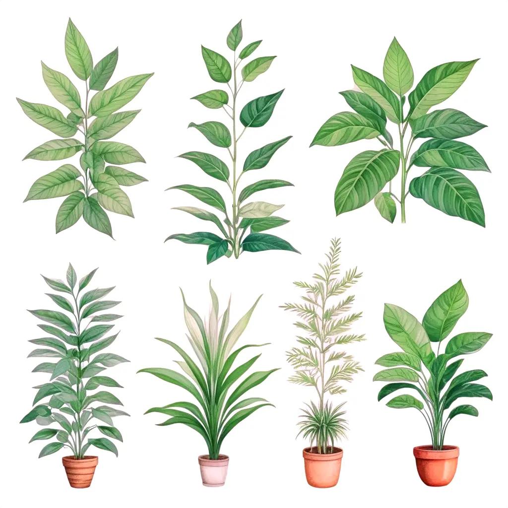 collection of plants in pots on a white background