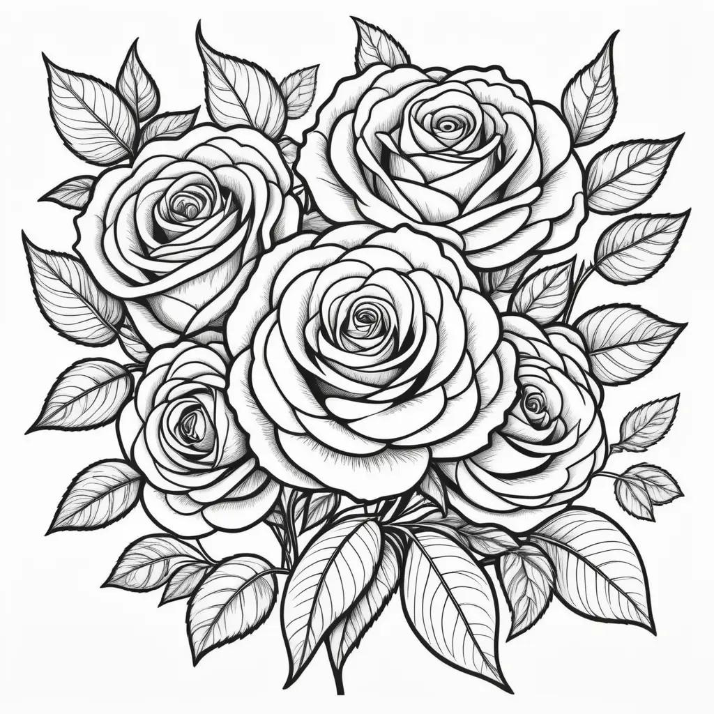 collection of roses and leaves in black and white coloring pages