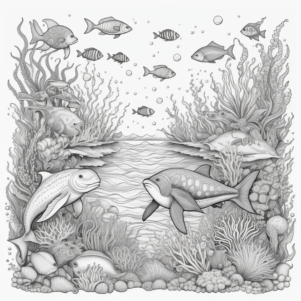 collection of sea creatures in a sea coloring pages