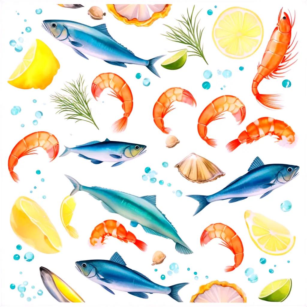 collection of seafood on a white background