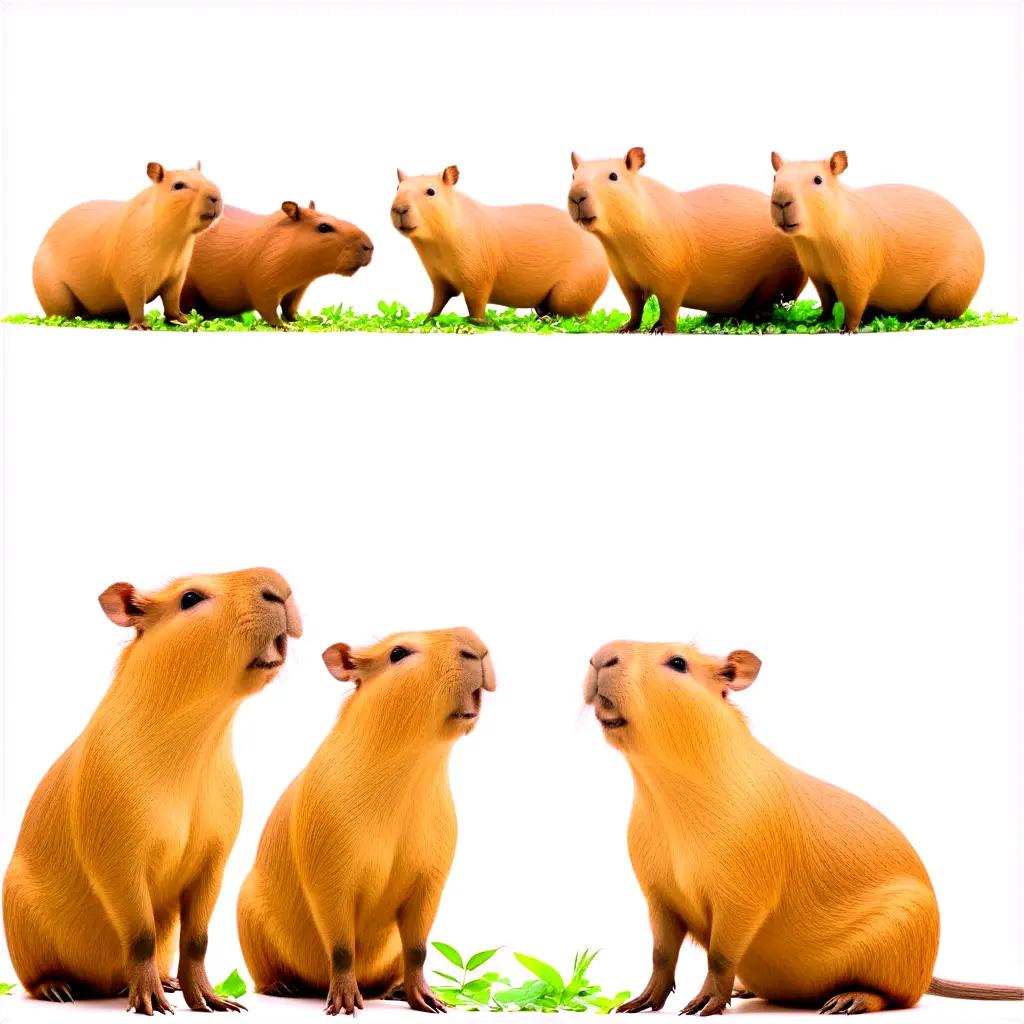 collection of six capibara animals in a grassy field