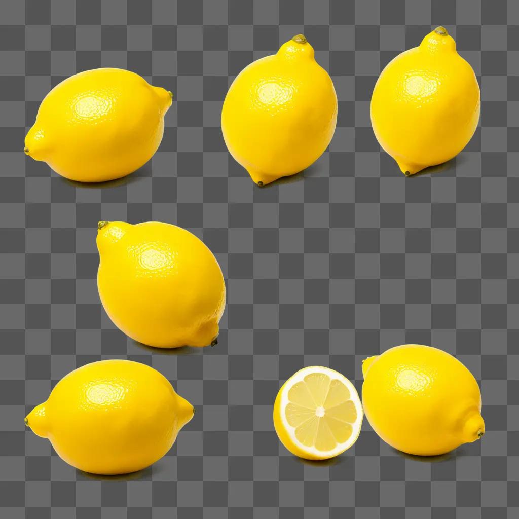 collection of six lemons arranged on a yellow background