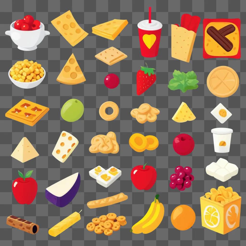 collection of snacks on a yellow background