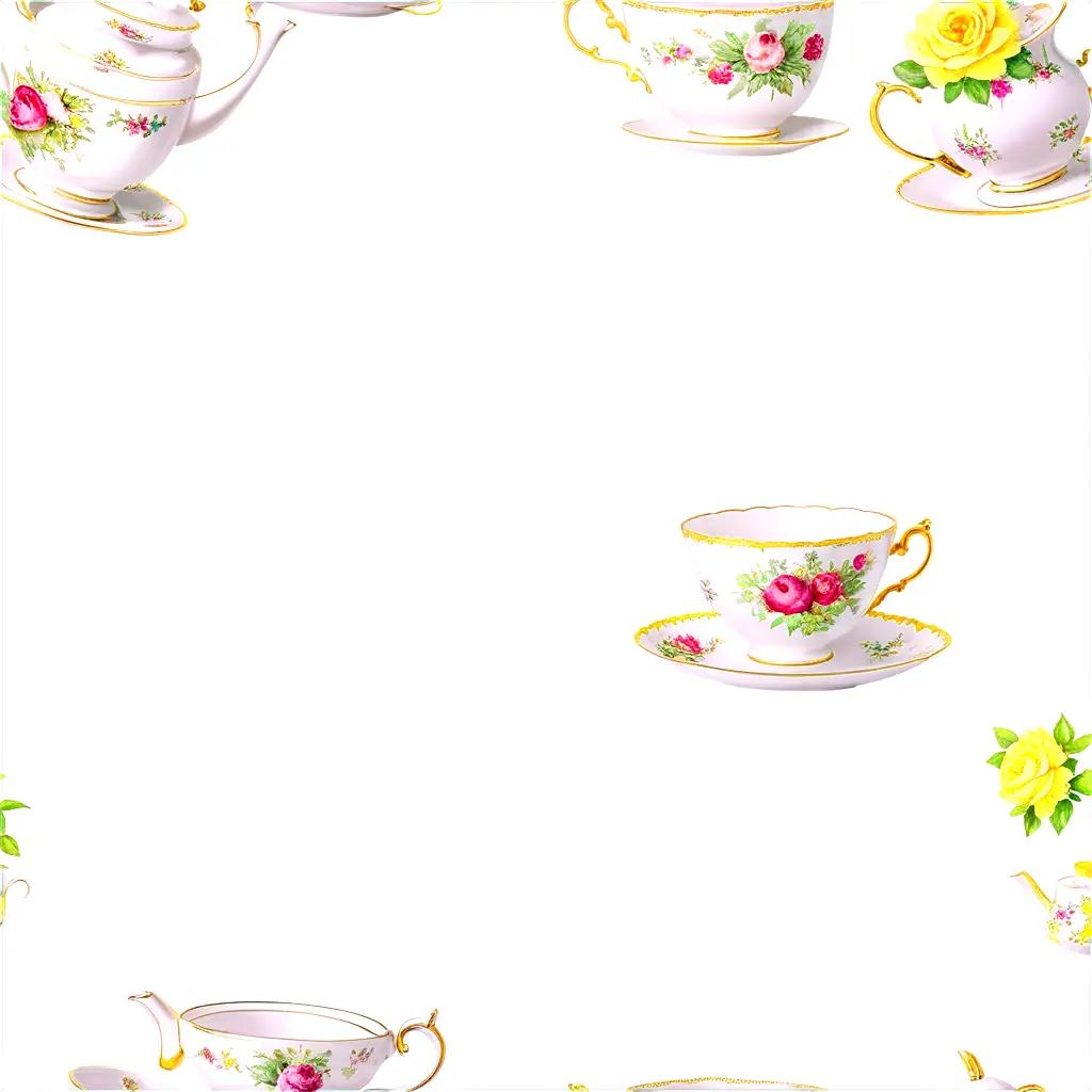 collection of tea party items on a white background