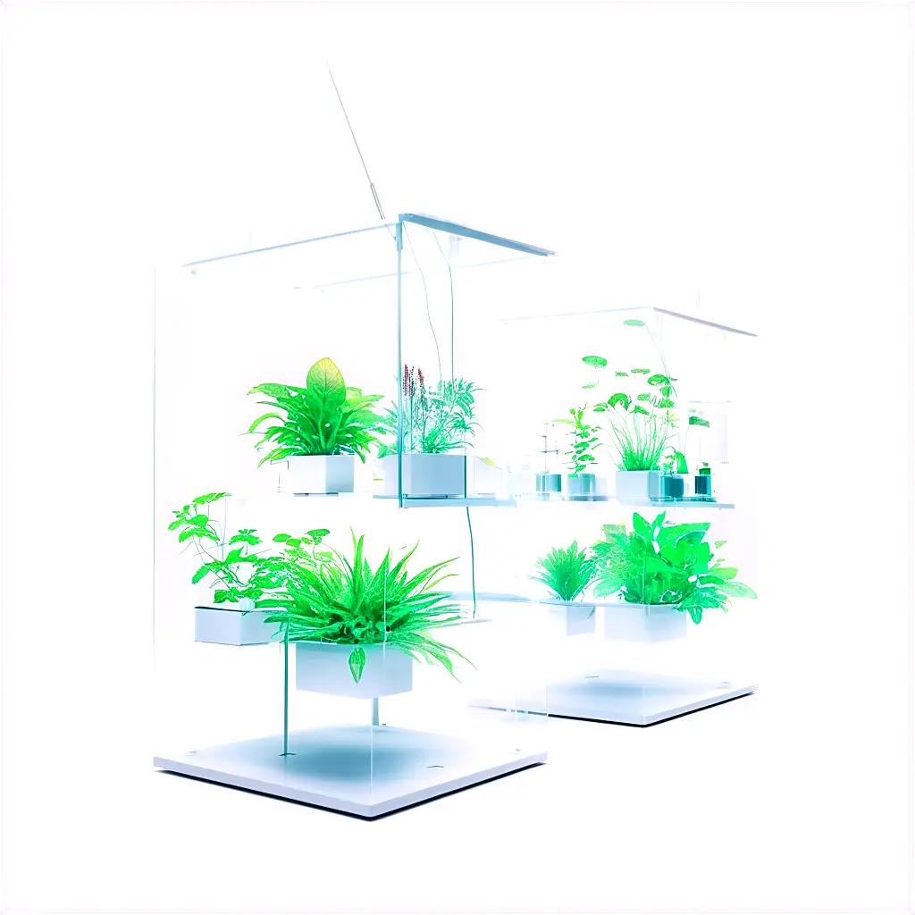 collection of transparent plants in a clear glass display