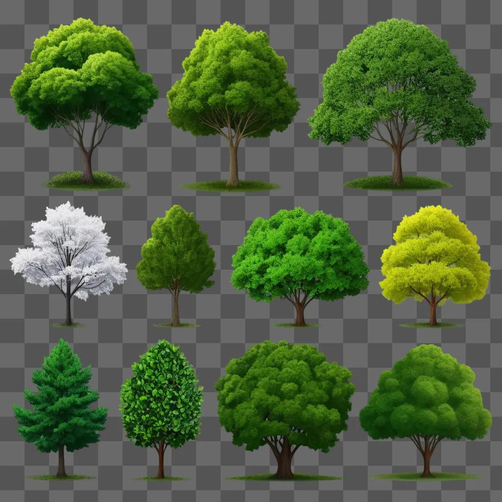 collection of trees in various colors and sizes