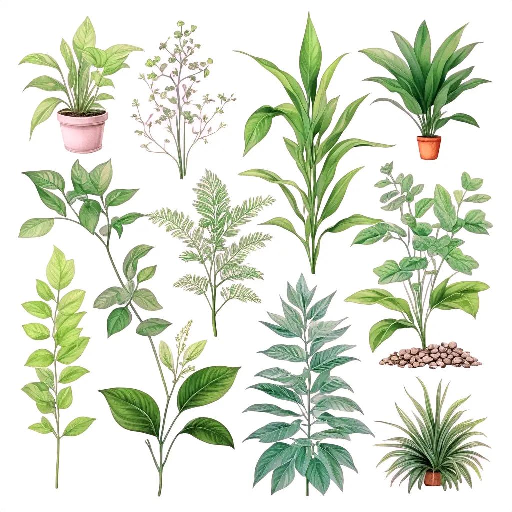 collection of various plants and flowers on a white background