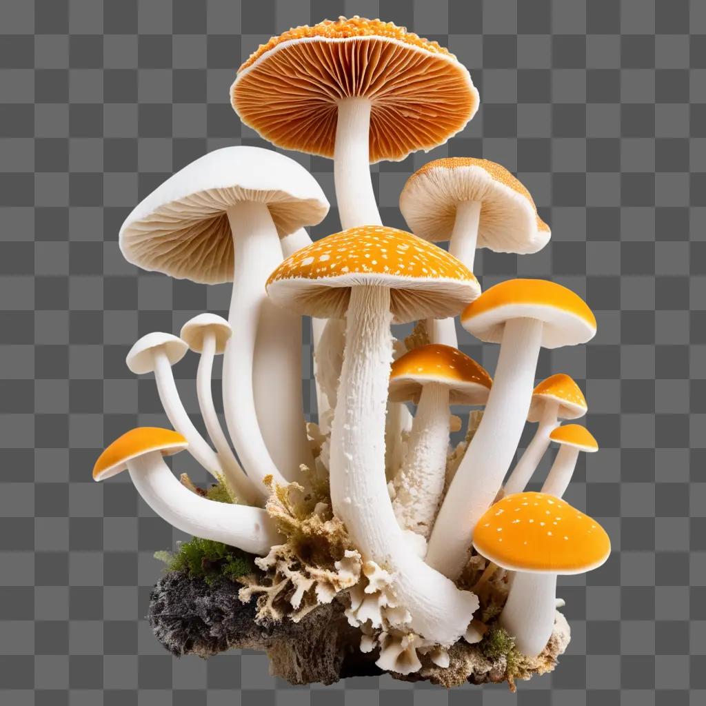 collection of white and orange mushrooms on a beige background