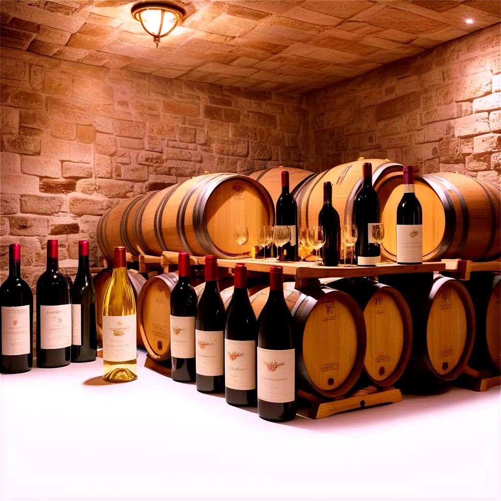 collection of wine bottles and barrels in a wine cellar