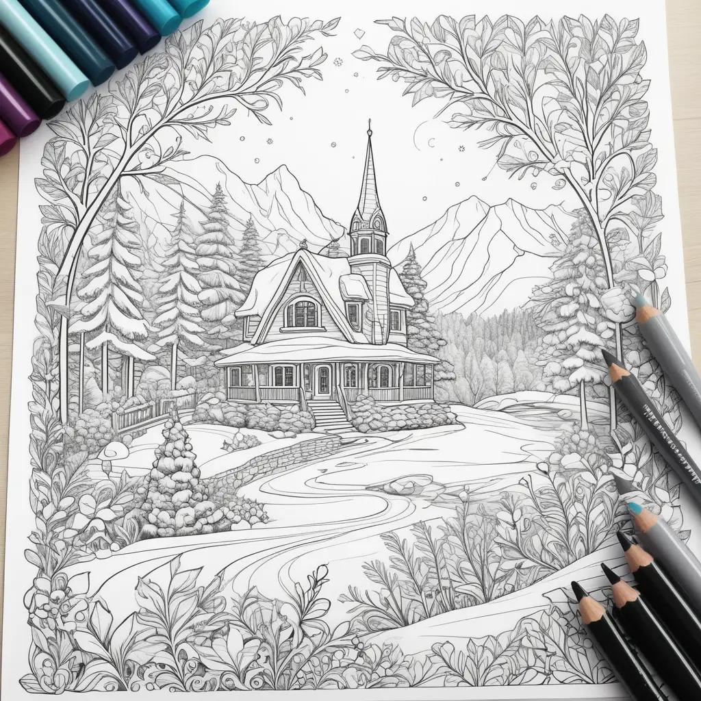 collection of winter coloring pages with a castle and mountains