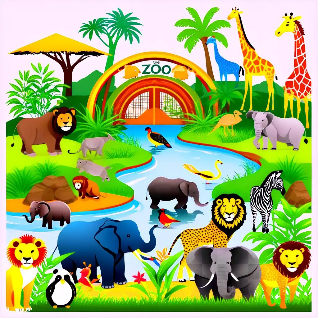 collection of zoo animals in a colorful illustration