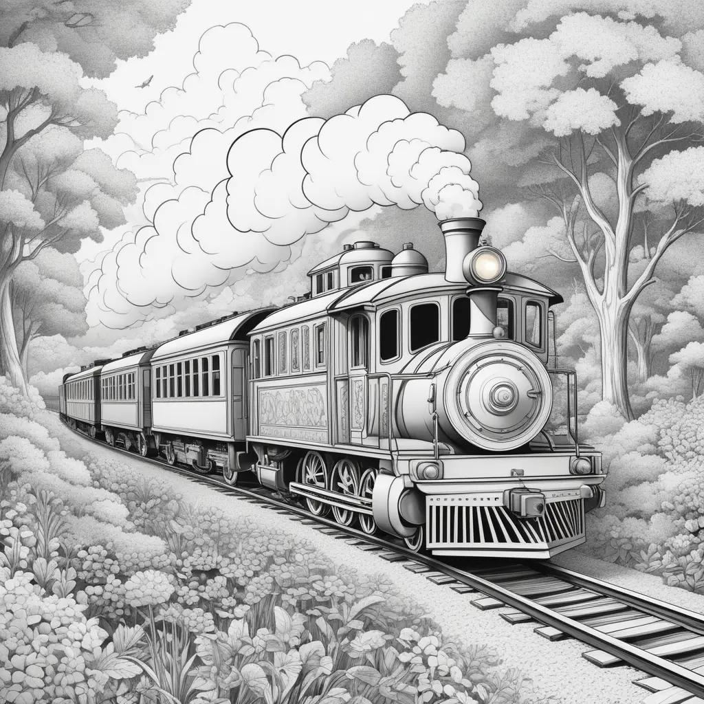 color page depicts a steam train traveling through a forest