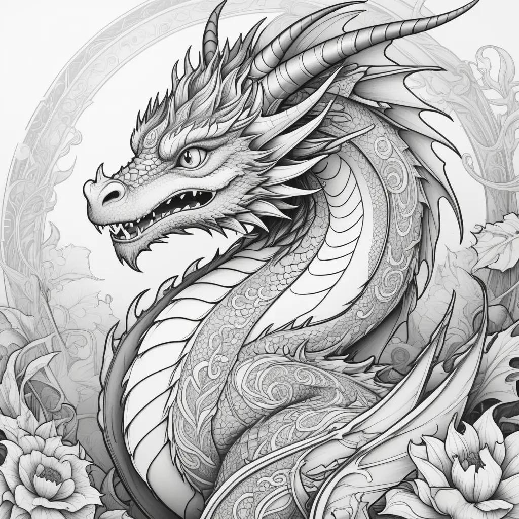 color page of a dragon with intricate design and flowers