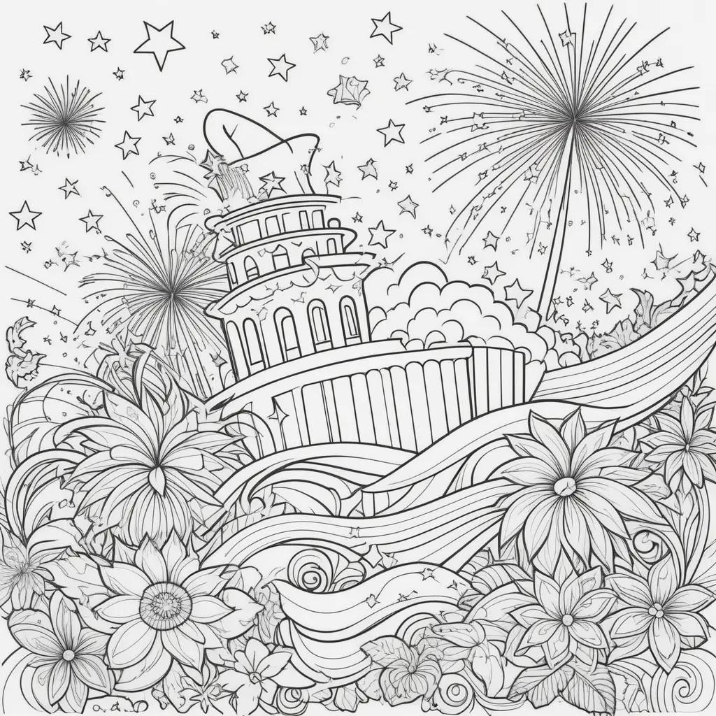 colorful 4th of July coloring page featuring a building and stars